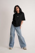 Women's Jet Black Hey Dude Oversized Printed T-Shirt