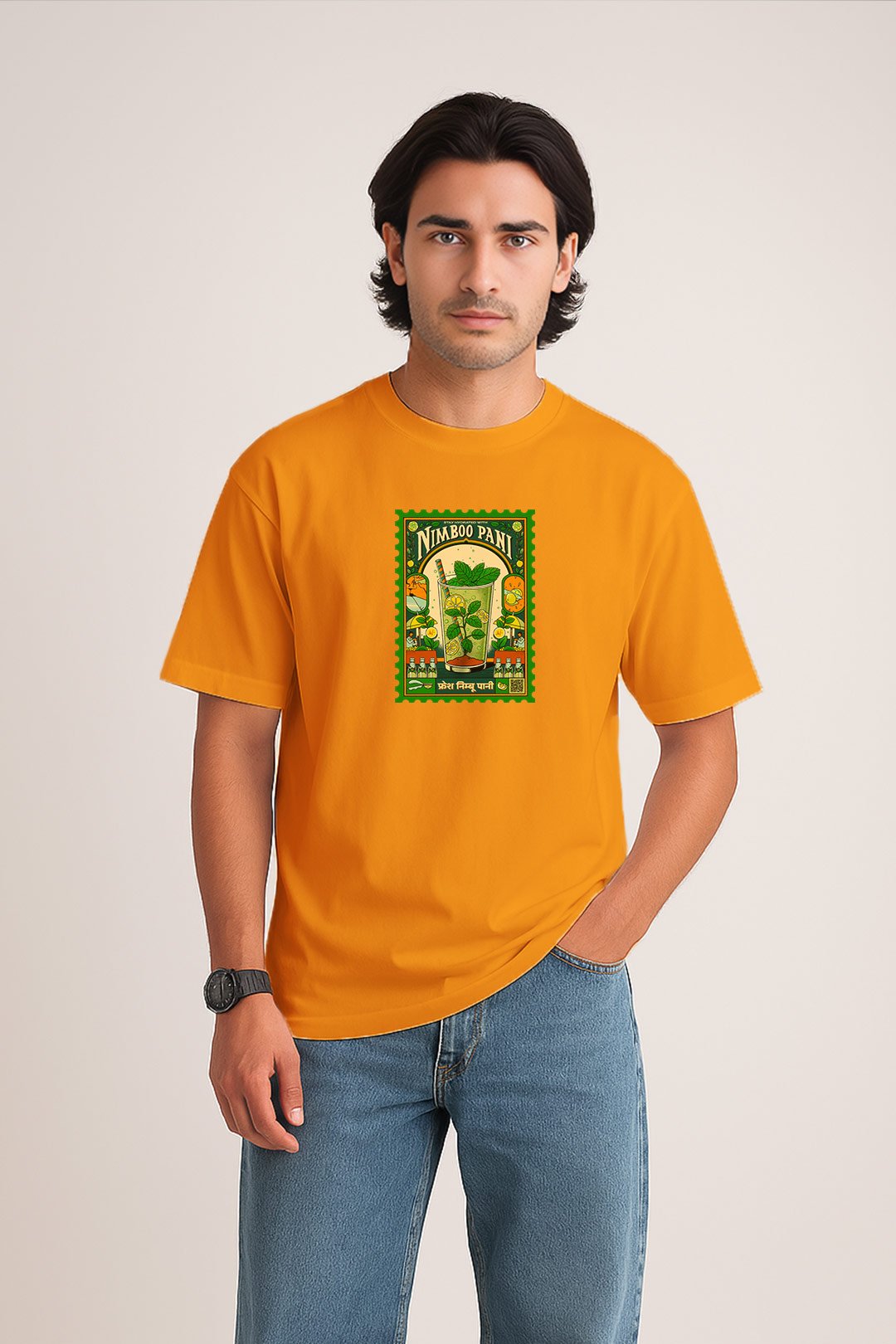 Men's Mango Yellow Nimboo Pani Classic Fit Printed T-Shirt