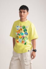 Men's Lemon Yellow Monsoon Stickers Oversized Printed T-Shirt