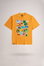 Men's Mango Yellow Monsoon Stickers Oversized Printed T-Shirt