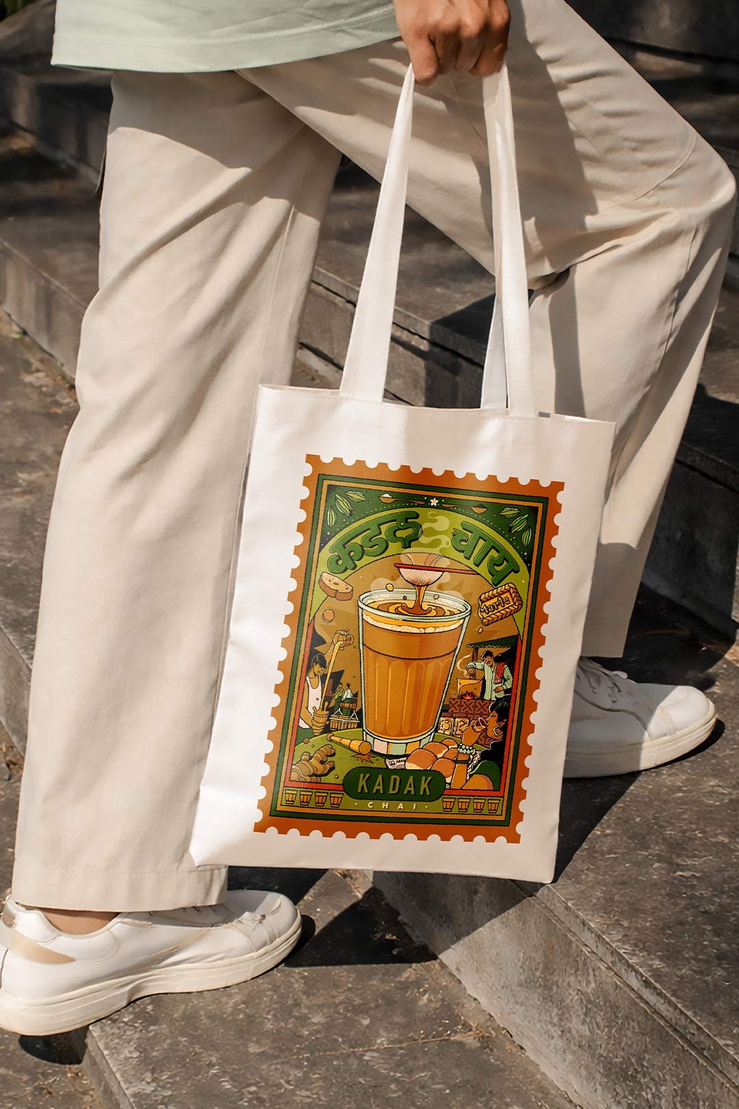 White Kadak Chai Printed Small Tote Bag