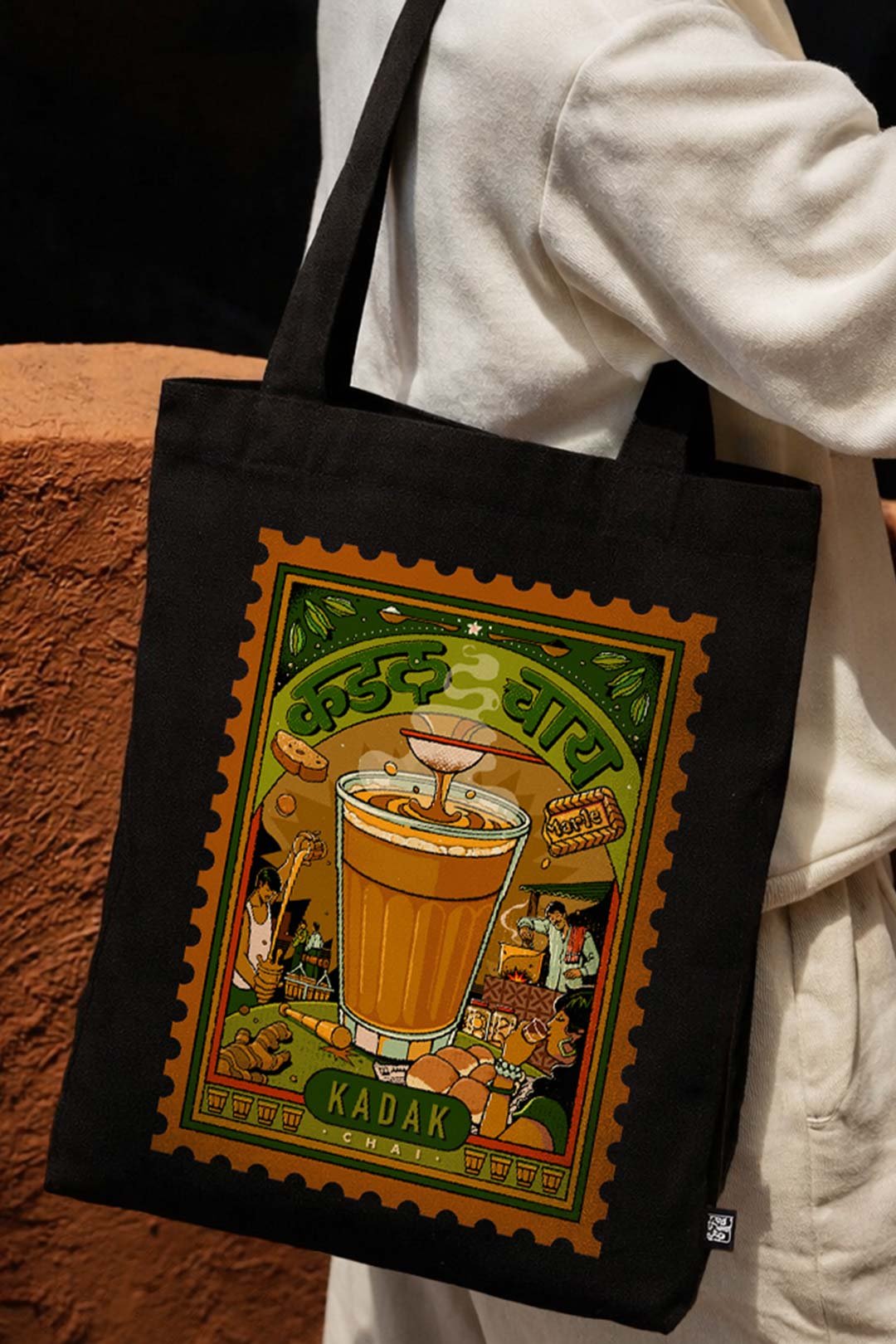 Black Kadak Chai Printed Small Tote Bag