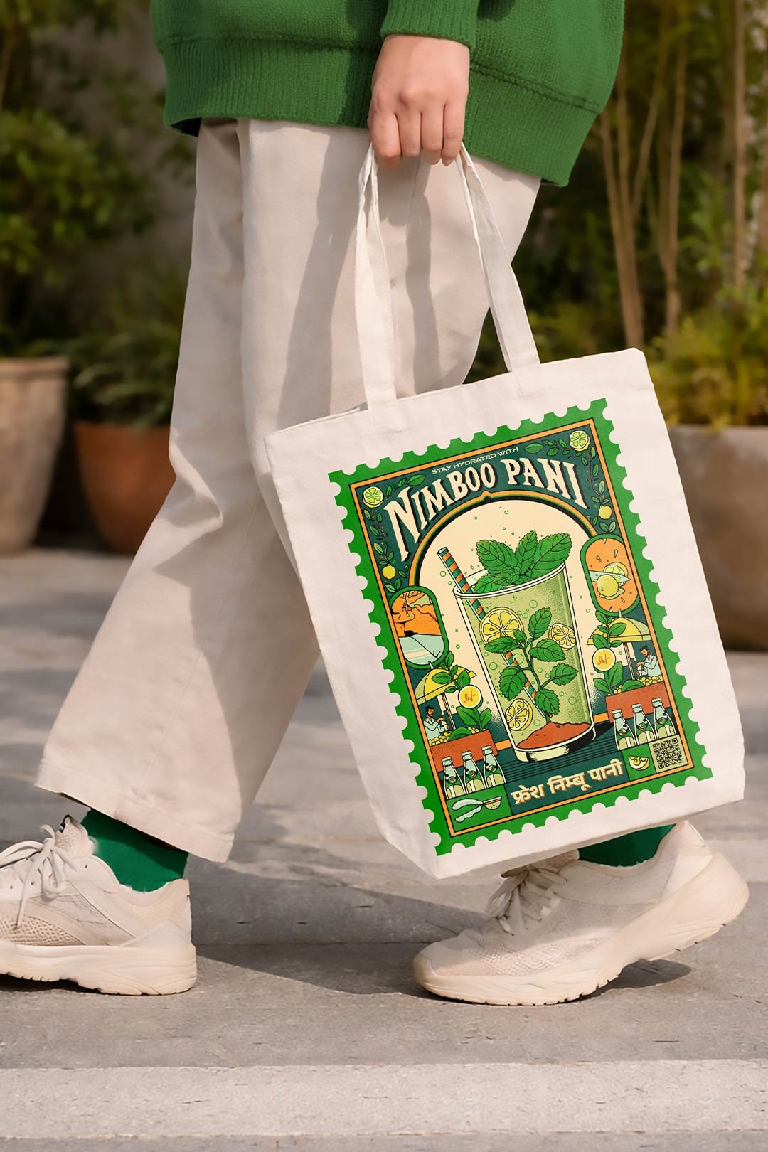 White Nimboo Pani Printed Small Tote Bag