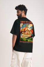 Men's Jet Black Ramen Oversized Printed T-Shirt