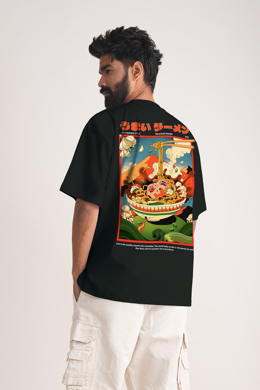 Men's Jet Black Ramen Oversized Printed T-Shirt