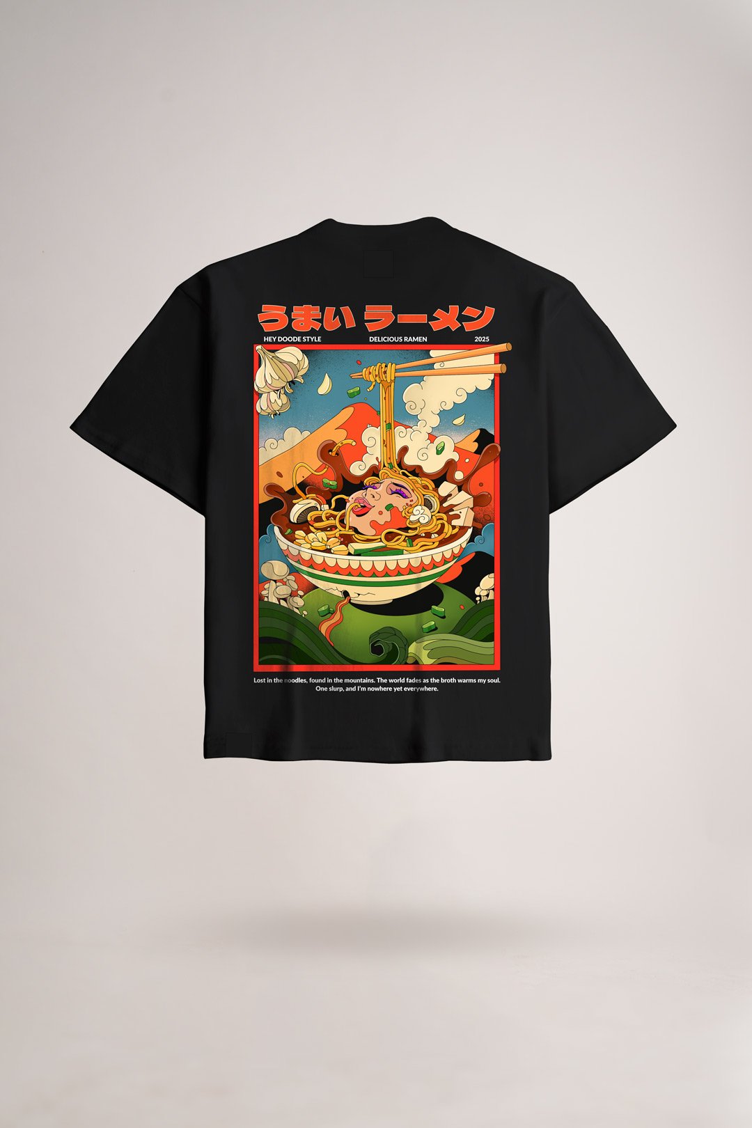 Women's Jet Black Ramen Oversized Printed T-Shirt