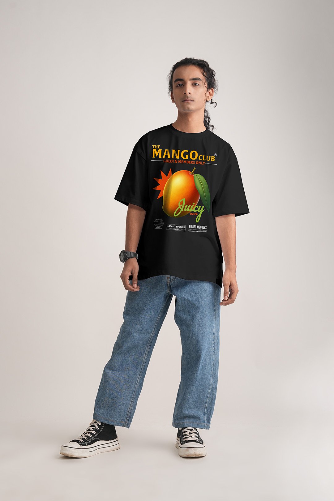 Men's Jet Black Mango Club Oversized Printed T-Shirt