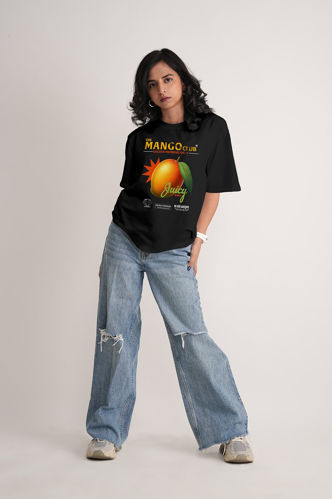 Women's Jet Black Mango Club Oversized Printed T-Shirt