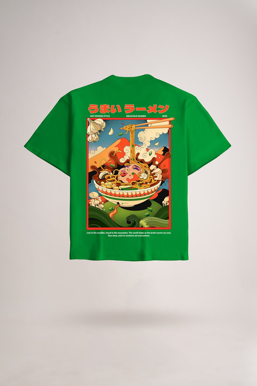 Men's Green Ramen Oversized Printed T-Shirt