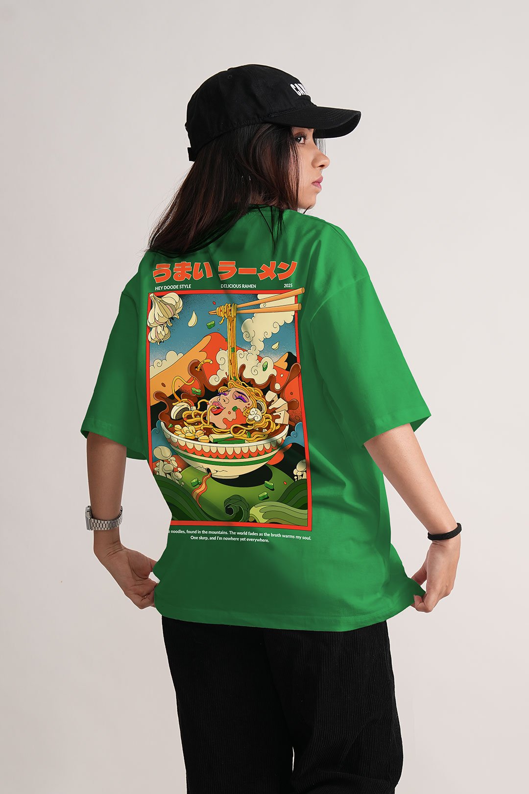 Women's Green Ramen Oversized Printed T-Shirt
