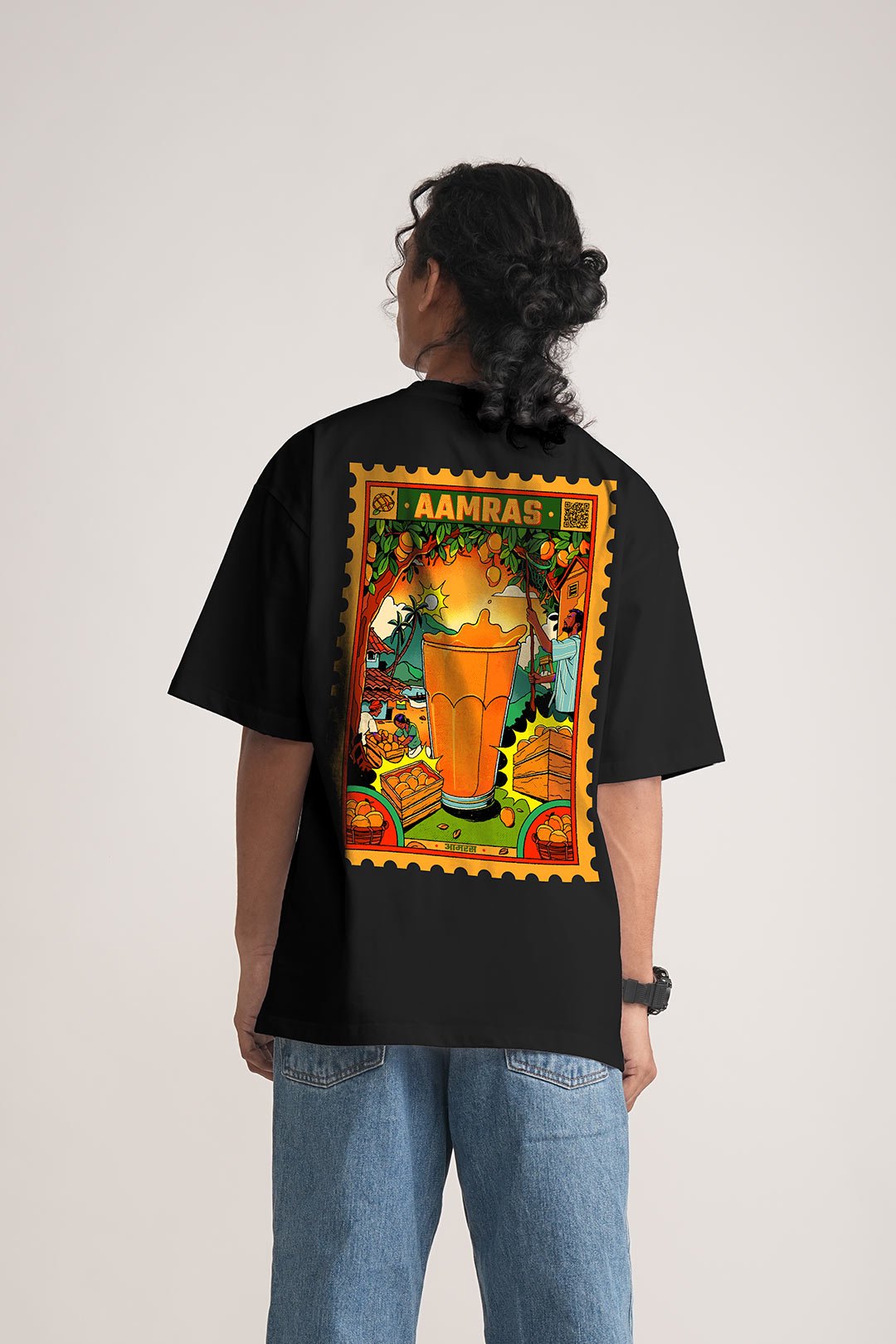 Men's Jet Black Aamras Oversized Printed T-Shirt