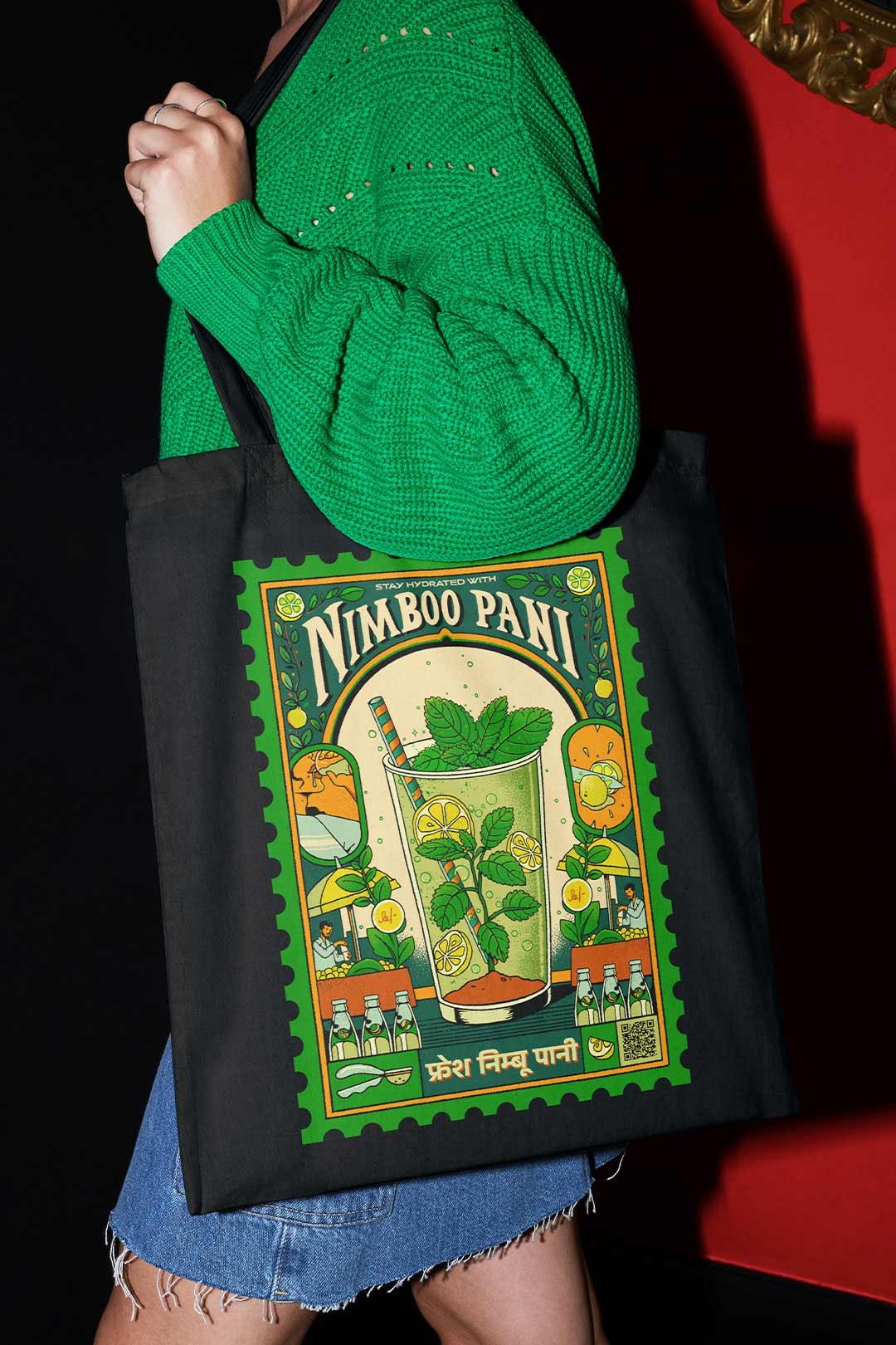 Black Nimboo Pani Printed Small Tote Bag